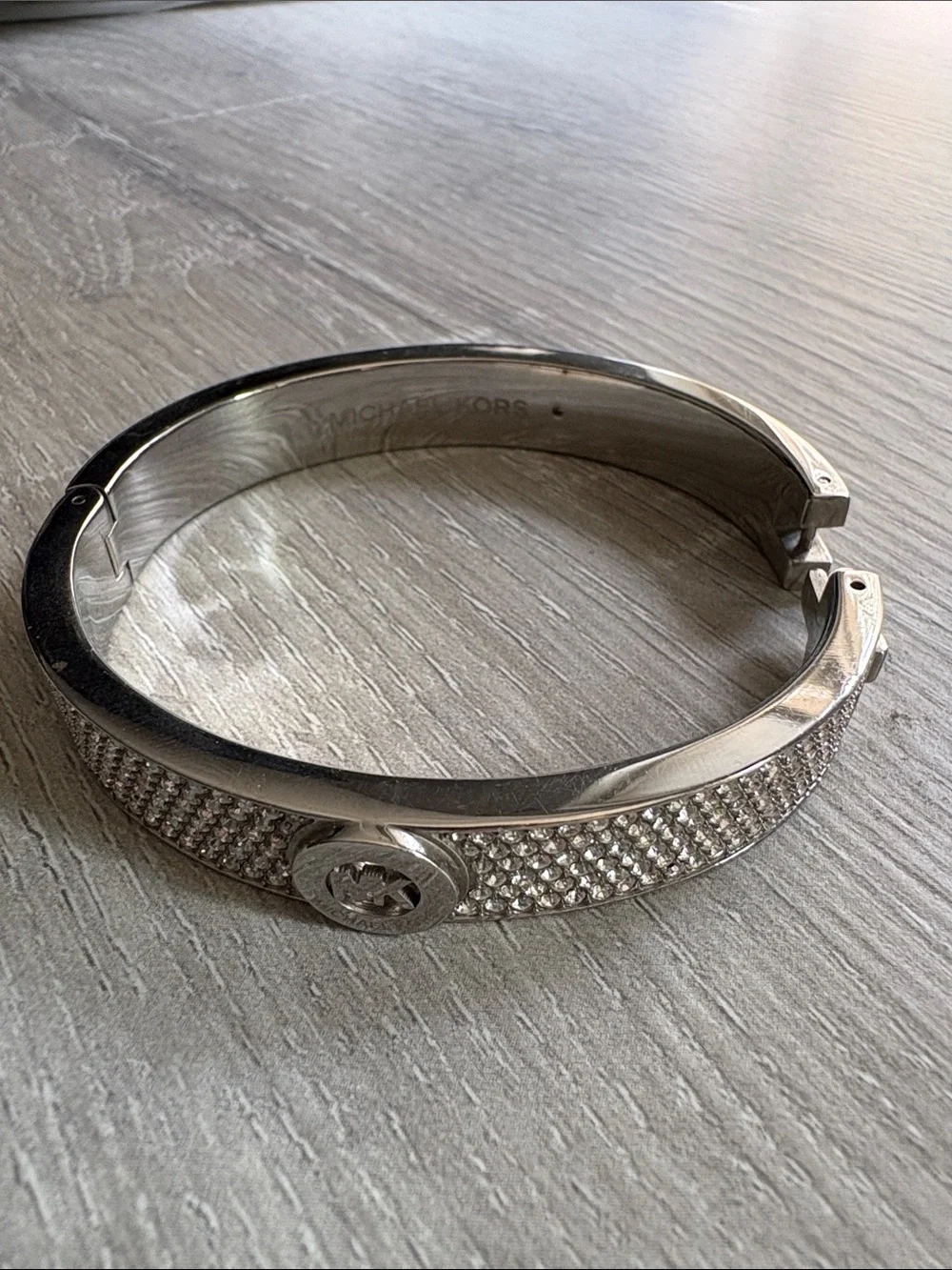 Michael Kors Crystal-Embellished Silver MK Logo Bangle